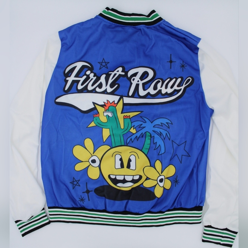 Women’s 1XL Graphic Letterman Style Jacket Blue White Button Up - Picture 2 of 7